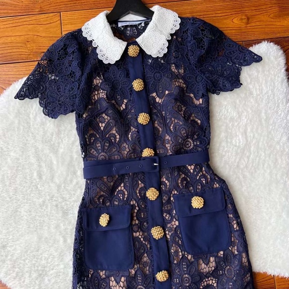 SELF PORTRAIT Collared Floral Guipure Belted Midi Dress - Picture 6 of 11